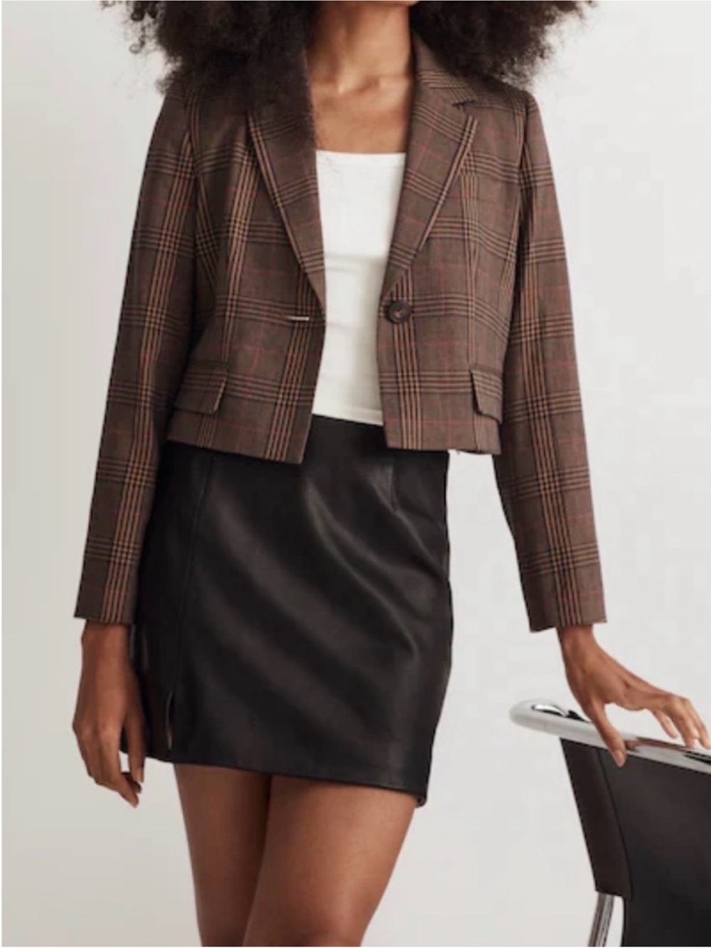 Madewell Brown Plaid Cropped Blazer with Pink Windowpane